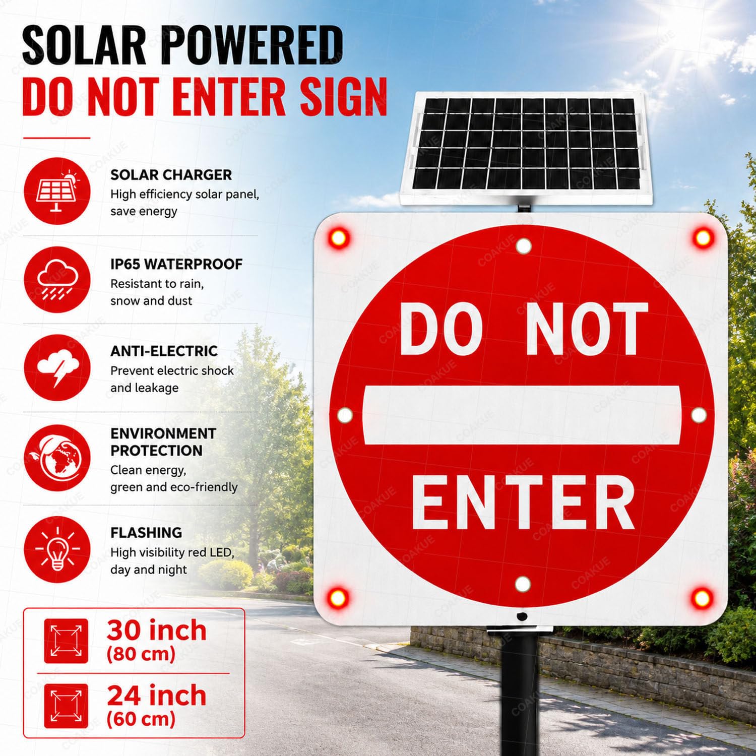 Señal LED Intermitente de «Prohibido EL Paso» alimentada por energía Solar 30in-1piece | Aluminio resistente a la oxidación, 8 LED brillantes y resistencia al agua IP65 para una visibilidad mejorada