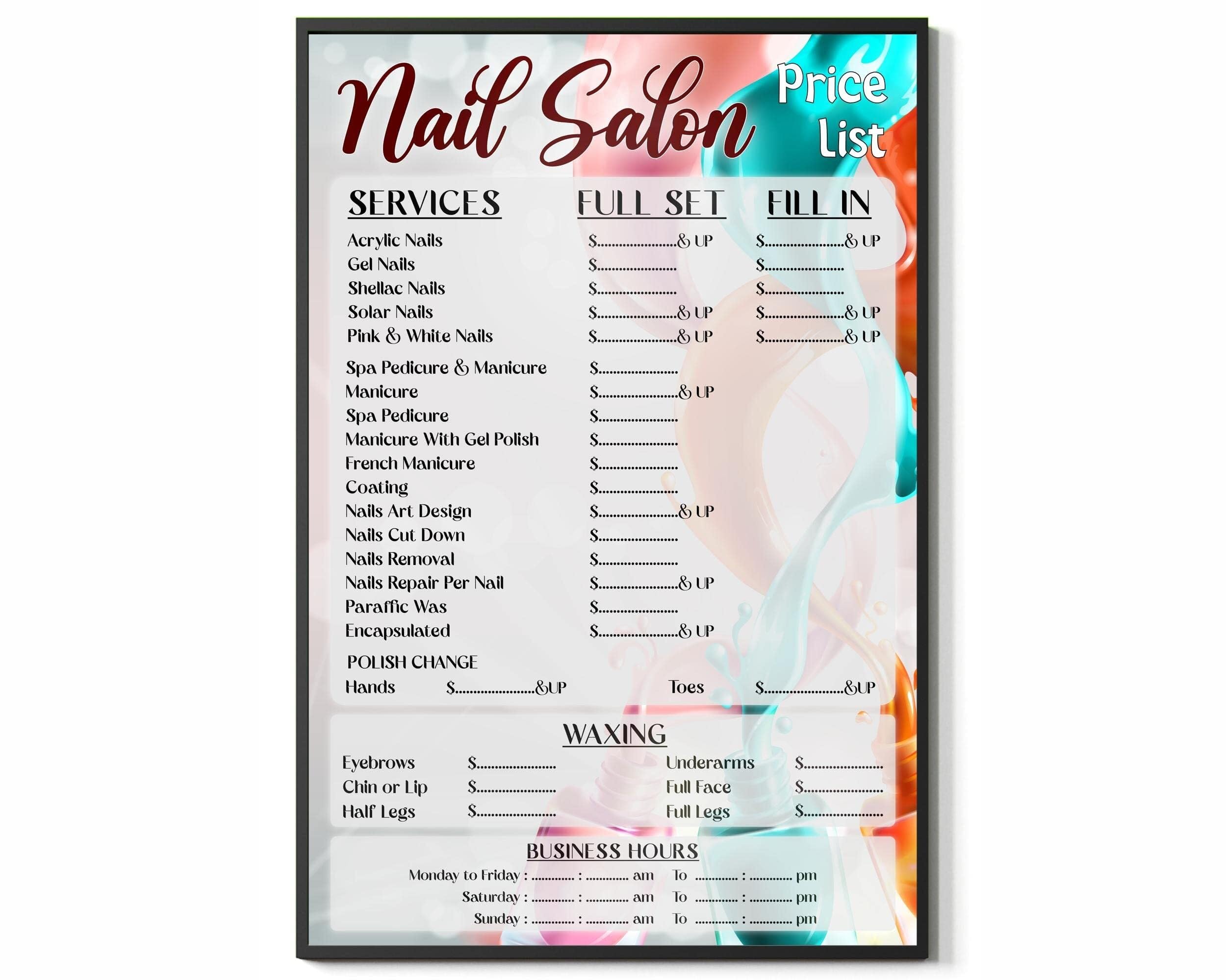 Beauty Salon Wall Decor Nail Services Menu List Quotation Sign for Nail Salon or Waiting Room(Framed,12x18inch(30x45cm))