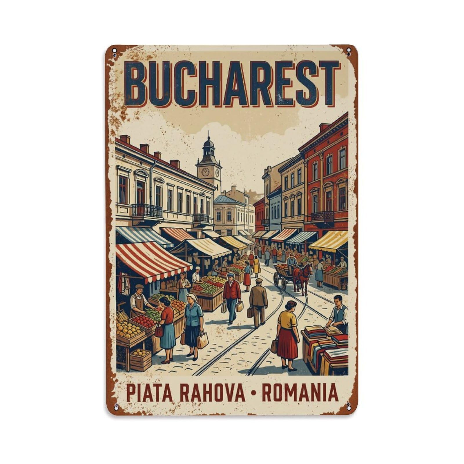 Vintage Travel Bucharest Piata Rahova Market Square Romania Metal Tin Sign Plaque Wall Decor for Cafe, Club Bar, Office, Home Garden Metal Poster 8x12Inch