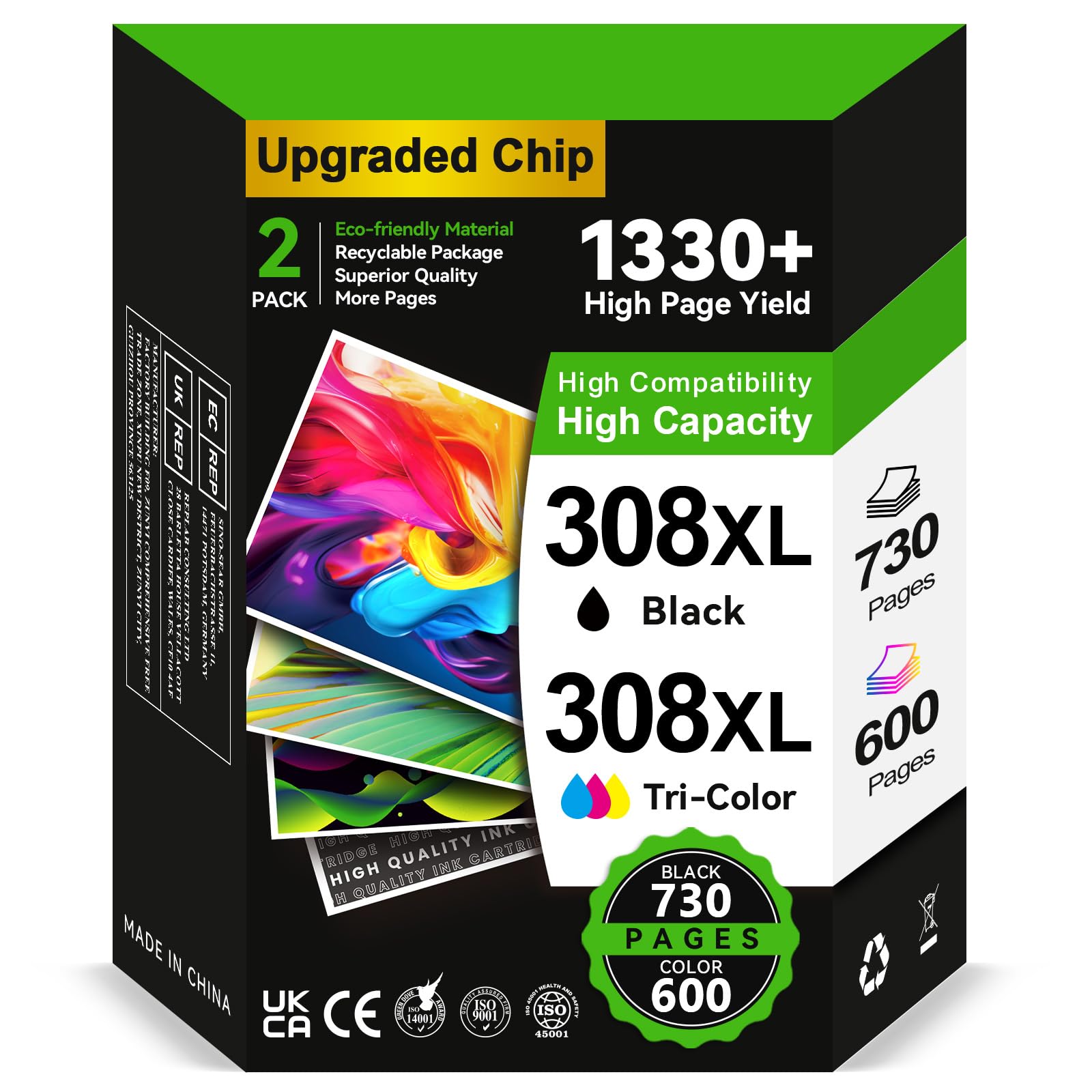 INKYEAH Cartuchos 308 XL Negro y Tricolor - 1330+ Páginas, Reemplazo para Originale Tinta HP 308, Tinta Impresora 308XL para Envy 6110e 6120e 6122e 6130e 6132e 6520e 6530e DeskJet 2910 2920 2921 2922
