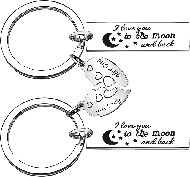 I Love You to The Moon and Back 2PCS Silver Bar Pendant Broken Heart Keychain Keyring Key Chain Ring for Boyfriend Girlfriend Husband Wife Anniversary Keyfob