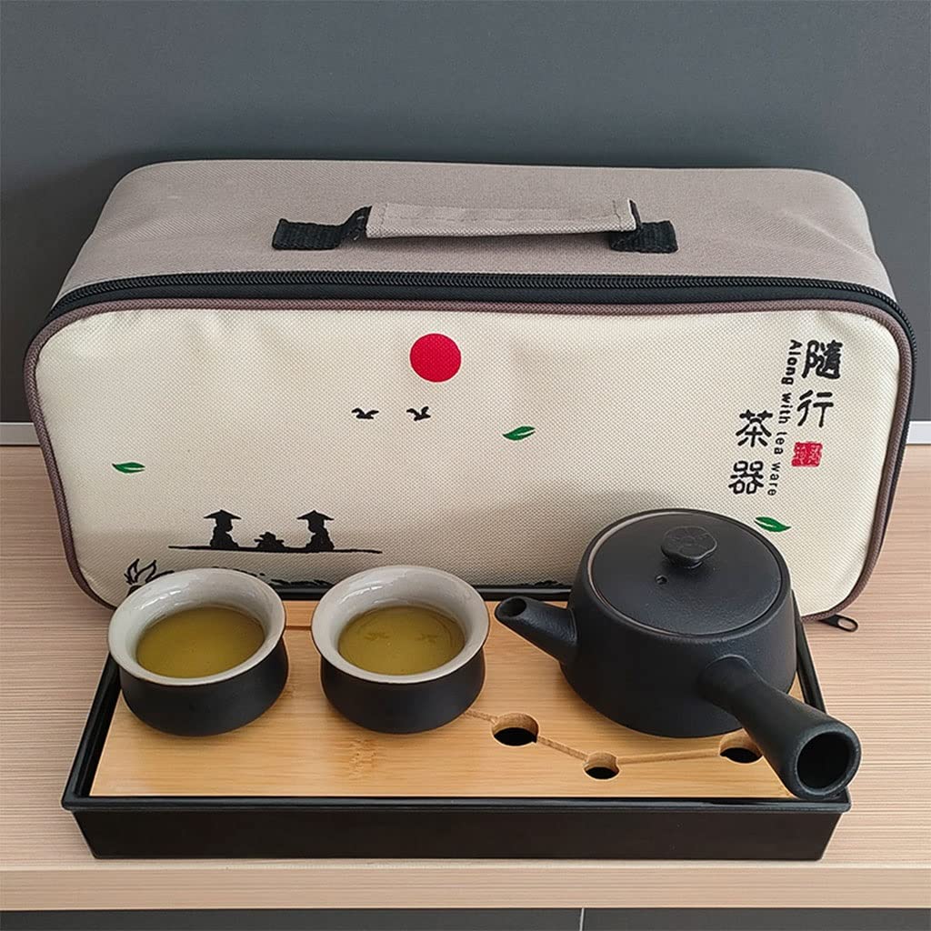 DFGHNBVC Chinese Gongfu Tea Table Serving,Travel Tea Set Kungfu Tea Pot Cups Tray With Gift Accessories Black Portable Packaging,B