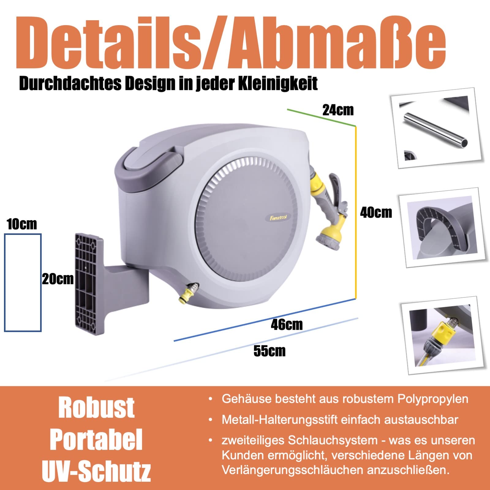 FANZTOOL 35m+2m Schlauchtrommel Set mit Wandhalterung Inkl. 8-Funktionen-Multi-Handbrause | Automatik Einrollen | 180° Schwenkbar | Gartenschlauch RoHS geprüft