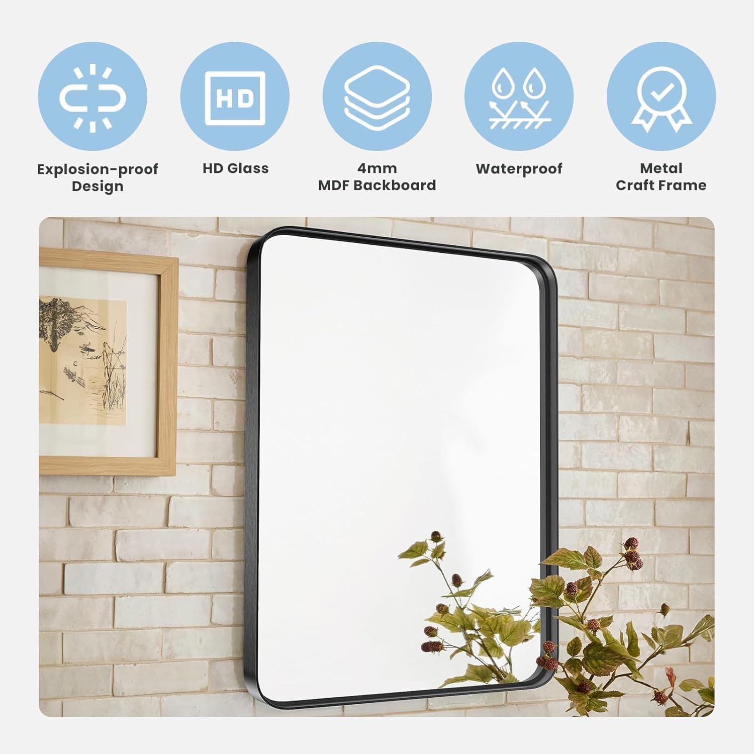 Bathroom Mirror for Wall, 40x30 Inch Rectangle Mirror, Matte Black Metal Framed Bathroom Vanity Mirror for Restroom Farmhouse, Anti-Rust, Tempered Glass, Horizontally or Vertically Hanging