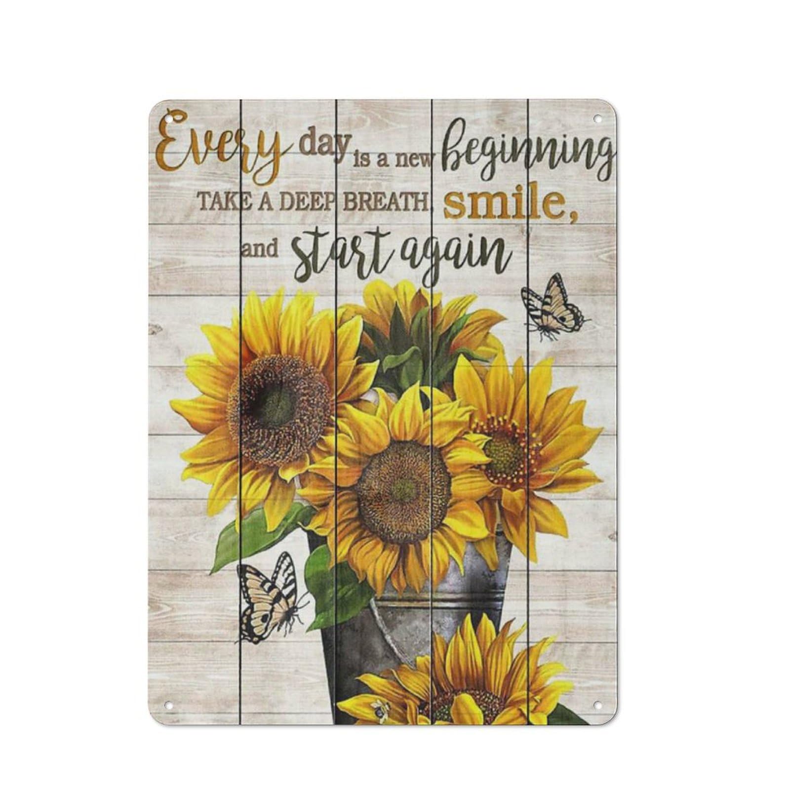 kisoyo Rustic Metal Tin Sign Sunflower Butterfly Every Day Is A New Beggining Take A Deep Breath Smile And Start Again Novelty Wall Art for Home Kitchen Parlor Wall Decor 12x16 Inch