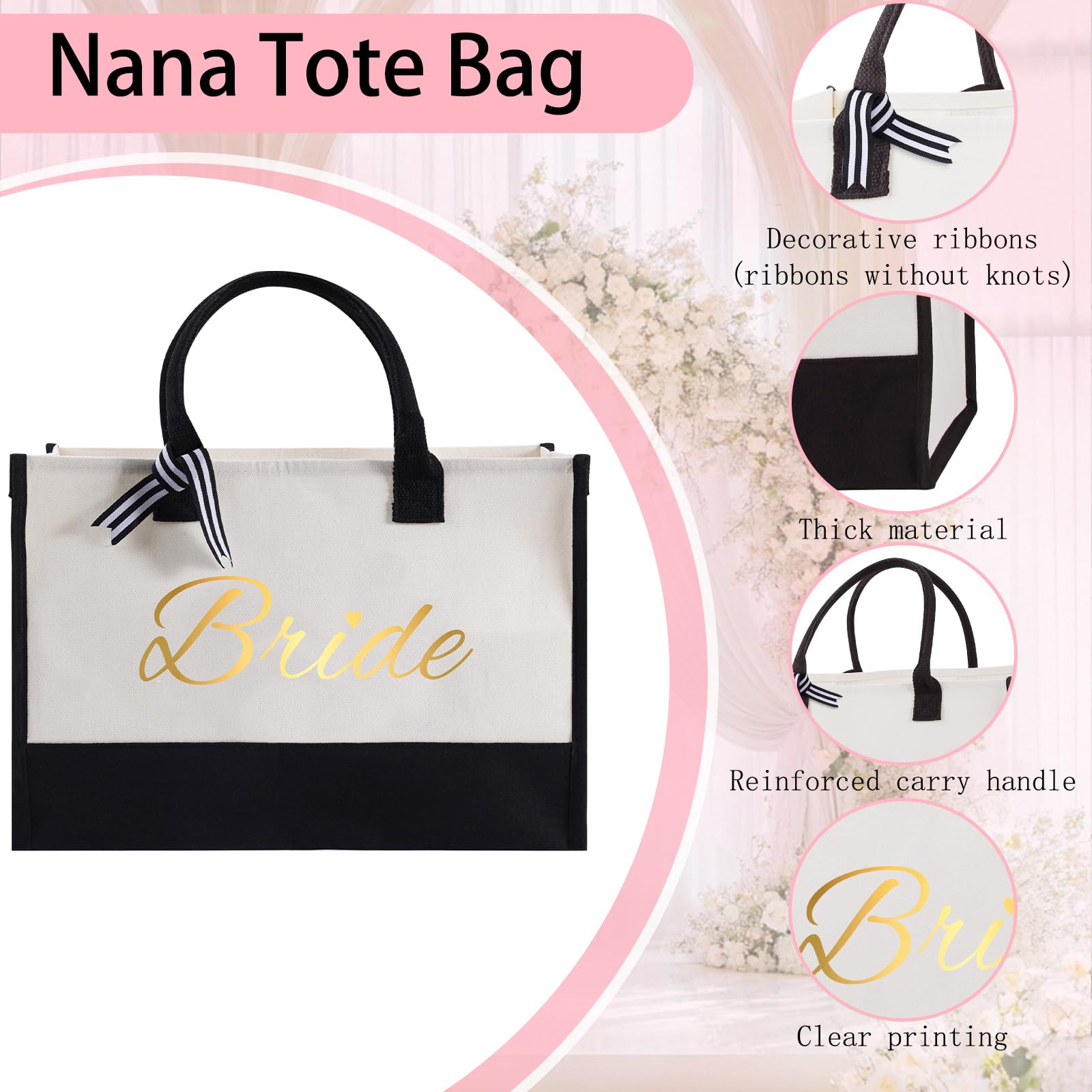 6 Pack Bride to Be Gifts Include Large Bride Tote Bag Slippers Hair Scrunchie Makeup Mirror Silk Sleep Eye Mask Makeup Bag - Image 3