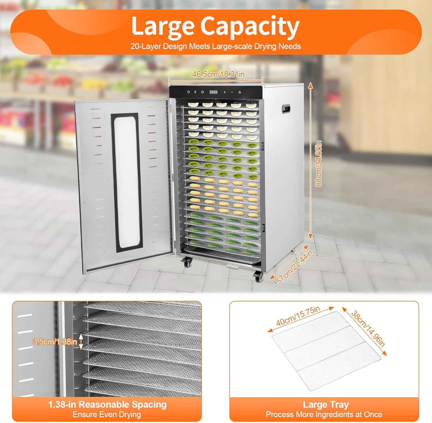 Deshidratador De Alimentos Comercial De 20 Capas Y 1700 W, De Acero Inoxidable, con Pantalla Led Y Ruedas Secar Frutas, Verduras, Carnes Y Especias.
