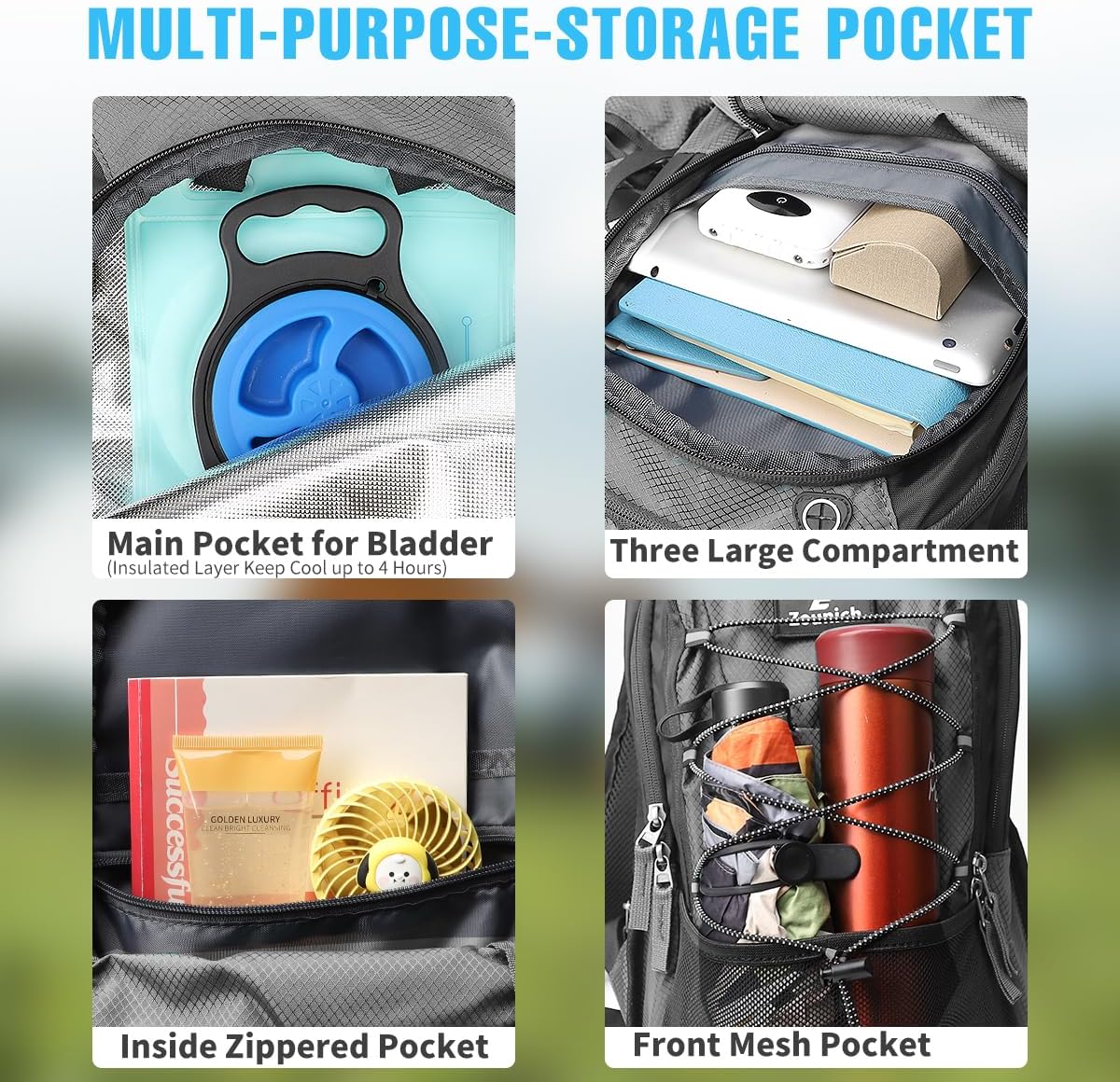 Zounich Hydration Backpack, Breathable Running Backpack with 3L Water Bladder, Large Capacity Hiking Rucksack Outdoors Hydration Bag Pack Perfect for Cycling Camping Fitness Climbing Fits Men & Women - Image 4