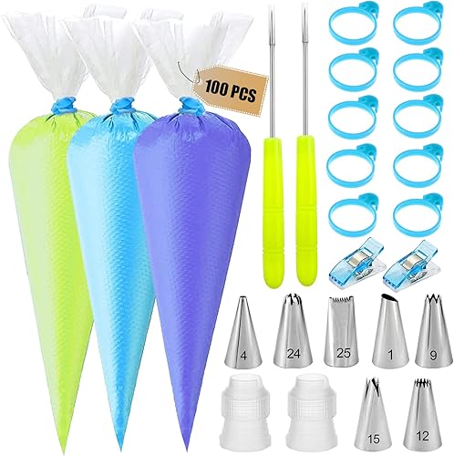Juego de 100 bolsas de pastelería desechables de 12 pulgadas para glaseado real con 7 puntas de glaseado, 10 lazos de bolsas de glaseado, 2 agujas