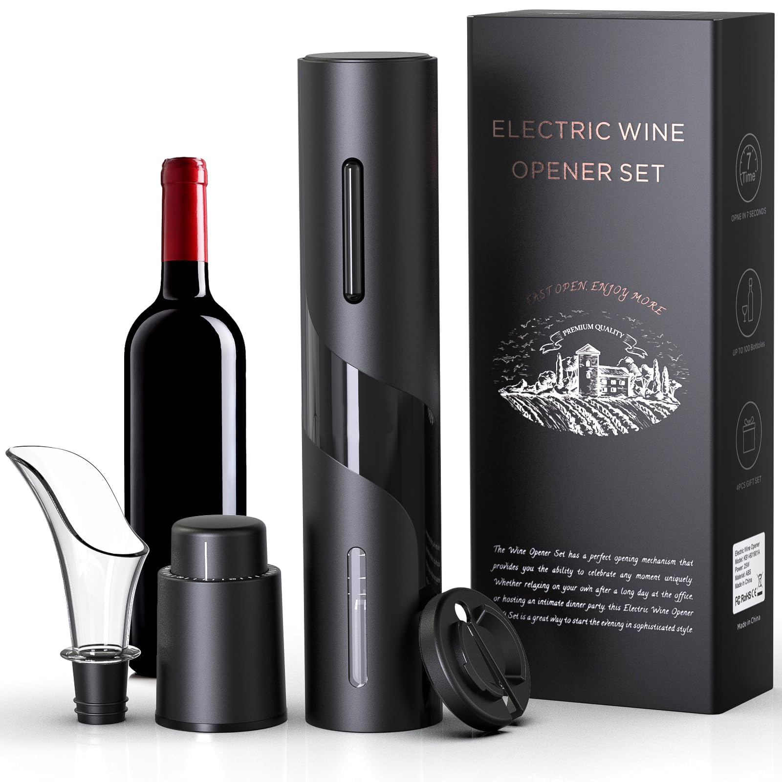 Quntis Cavatappi Elettrico Professionale Set con Cutter Alluminio, Spina Sottovuote, Versatore, Regalo Natale