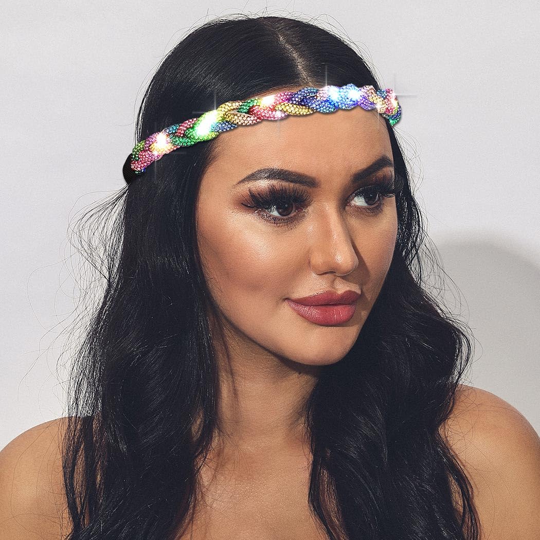 JEAIRTS Light Up Rhinestone Headband Glow Disco Headpiece Led Bling Hair Accessories for Women(3-Colorful)