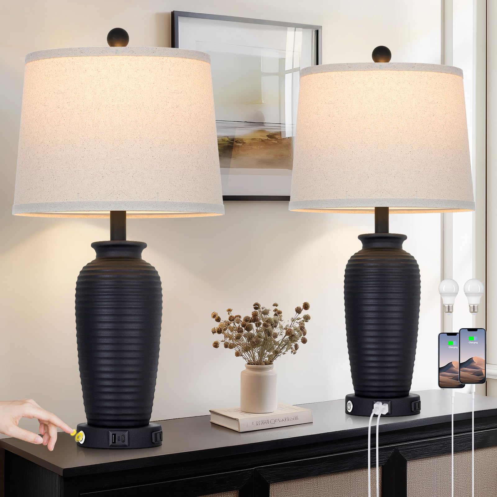 CINSARY 63,5 cm Retro Schwarz Farmhouse Jar Tischlampen Set mit 2 Stück, 3-Wege-Touch-Steuerung, rustikale Nachttischlampen mit USB-A+C-Anschlüssen & AC-Steckdose, Topf-Nachttischlampen für