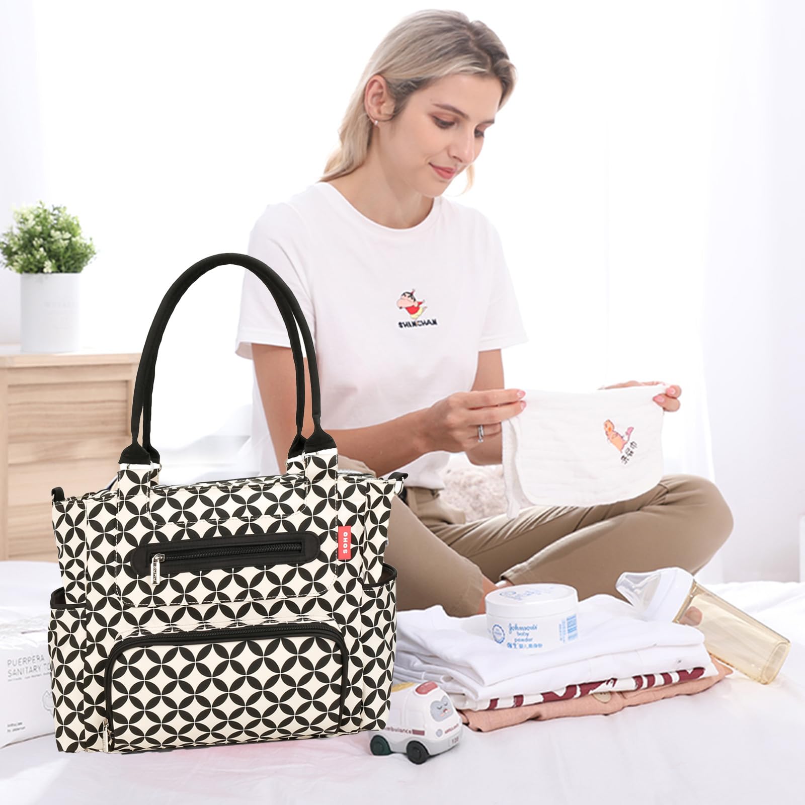 SONARIN Set di 7 borse per pannolini per bambini, borsa per pannolini, tracolla multifunzione, borsa per la maternità, borsa per pannolini da viaggio, con fasciatoio e ganci per passeggino