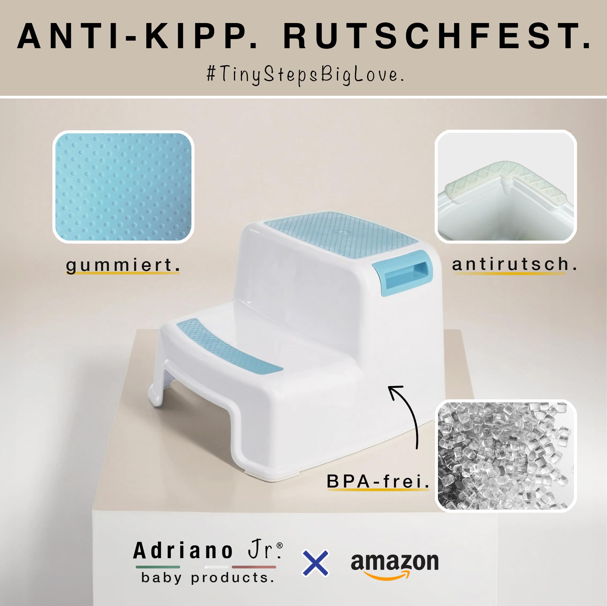 I Tritthocker Kinder I 2-Stufig Hocker I 26cm Hoch I Belastbarkeit 80kg I Gummierte Trittfläche I Hocker Kinder Bad mit Tragegriffe I Für Erwachsene, Senioren I Blau