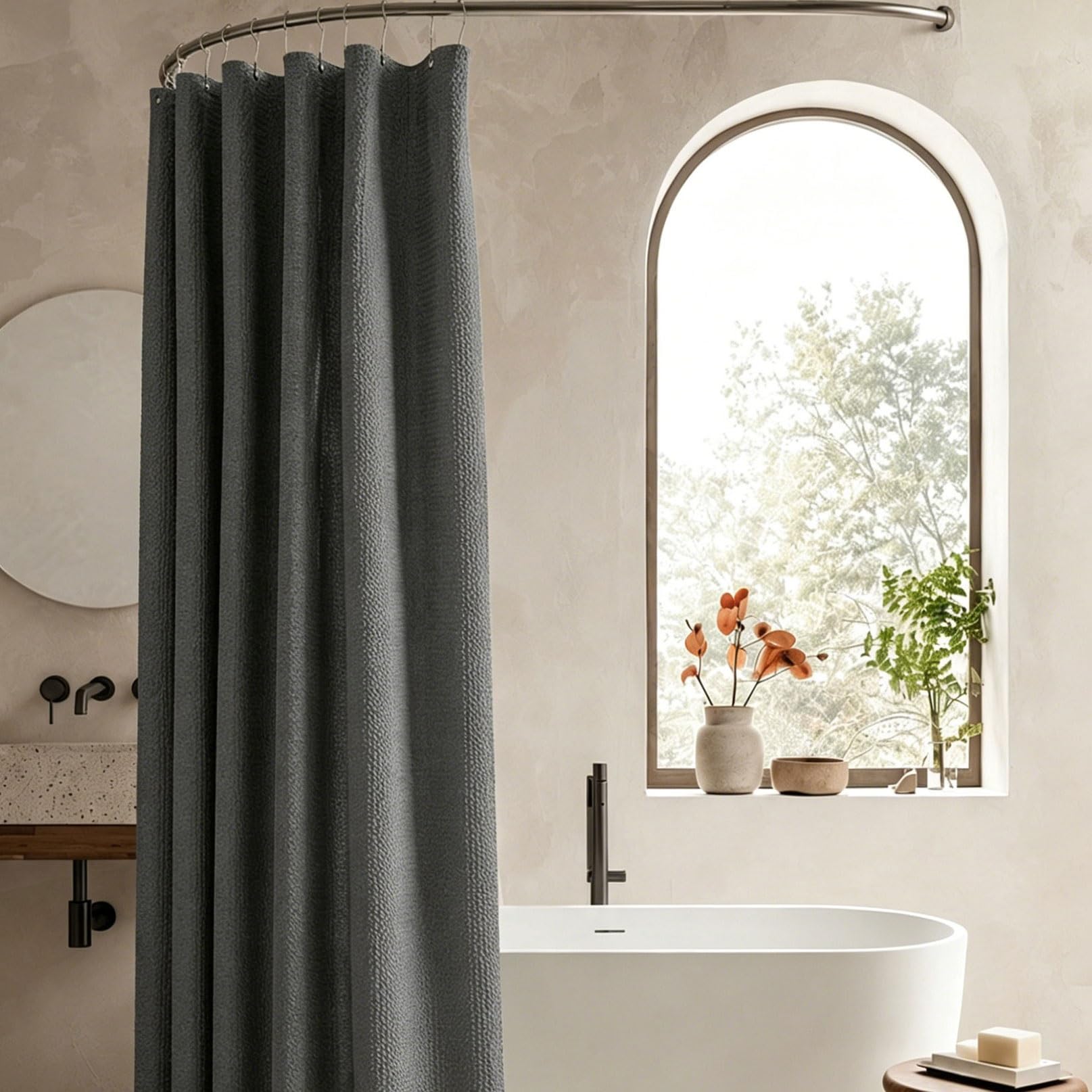 RCYONGQ Shower Curtain Mould and Mildew Resistant, Polyester, Waffle Bathtub Curtains Includes 12 Pcs Curtain Hooks, Quick-Drying, 230g/㎡ for Bathroom Wet Room Tub(Gray,200x240cm)