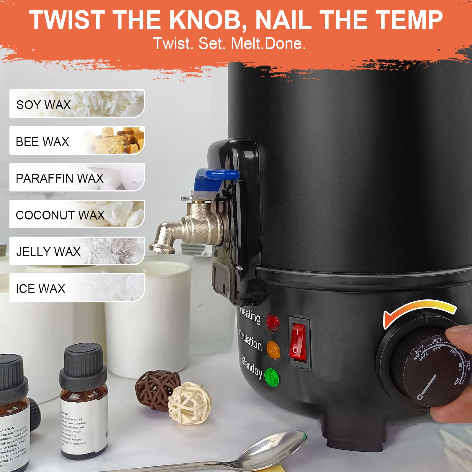 Leerie M4 - Melter de cera de 8 libras para hacer velas, boquilla de latón con núcleo de calefacción y control de temperatura, sin obstrucciones, fácil de limpiar, olla de fusión eléctrica de cera