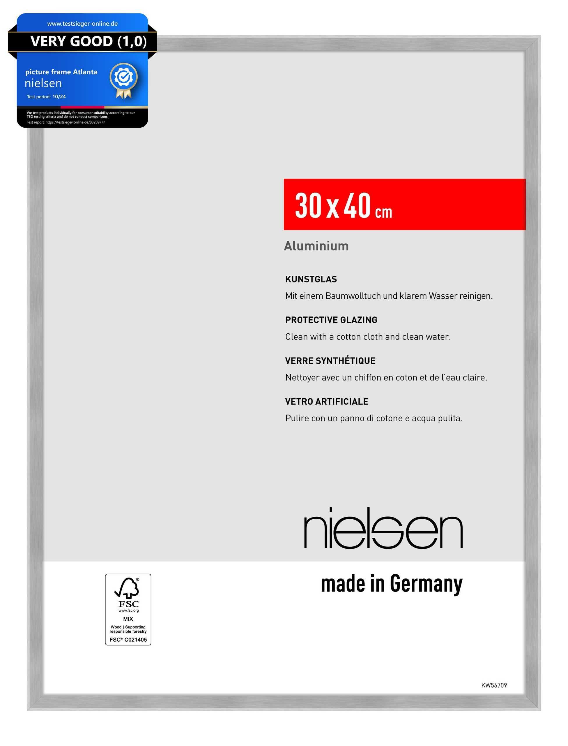 nielsen Atlanta Aluminium Picture Frame - Brushed Silver 30x40cm - with Synthetic Glass and Push-Turn Clips
