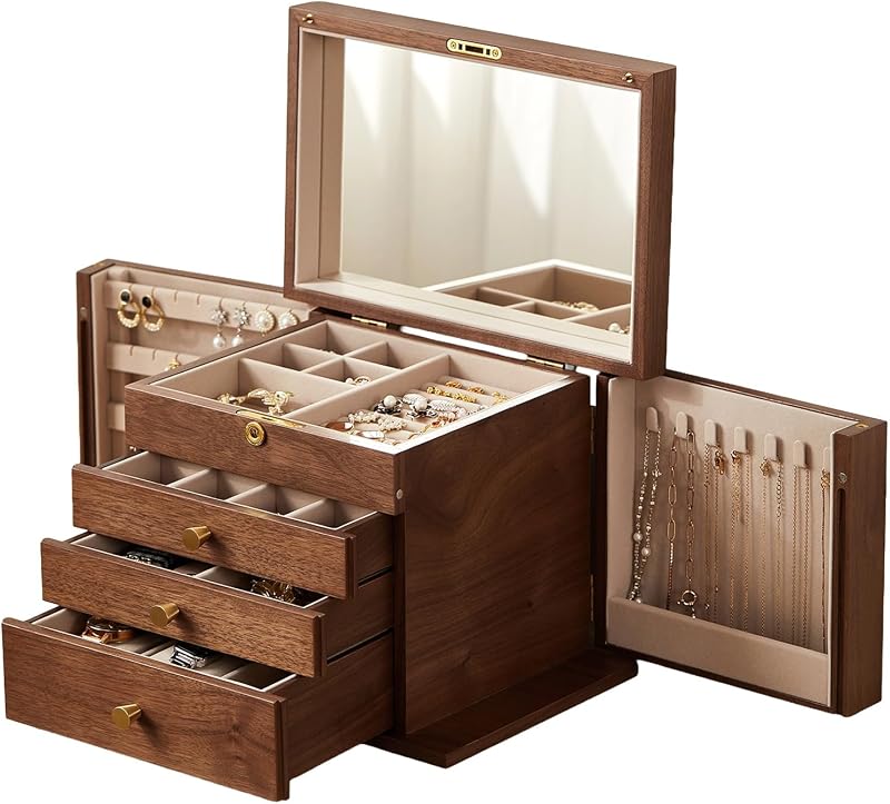 CHOSIN Joyero de madera de nogal negro para mujer con cerradura, espejo, 4 capas | Llave wity con cerradura, 3 cajones, 2 puertas laterales, gran capacidad para collares, pendientes, anillos, relojes, broches, regalos de mujer