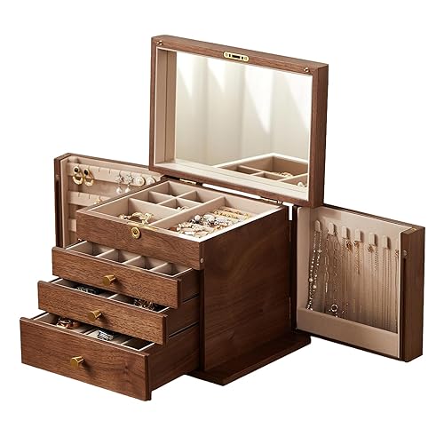 CHOSIN Black Walnut Wooden Jewelry Box, 4 Layer Lockable Wood