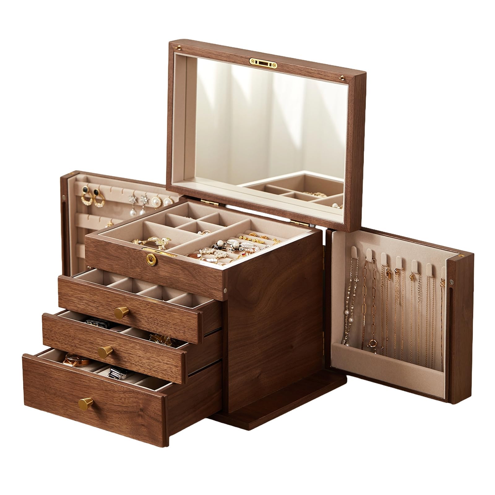 CHOSIN Black Walnut Wooden Jewelry Box for Women with Lock, Mirror, 4 Layer