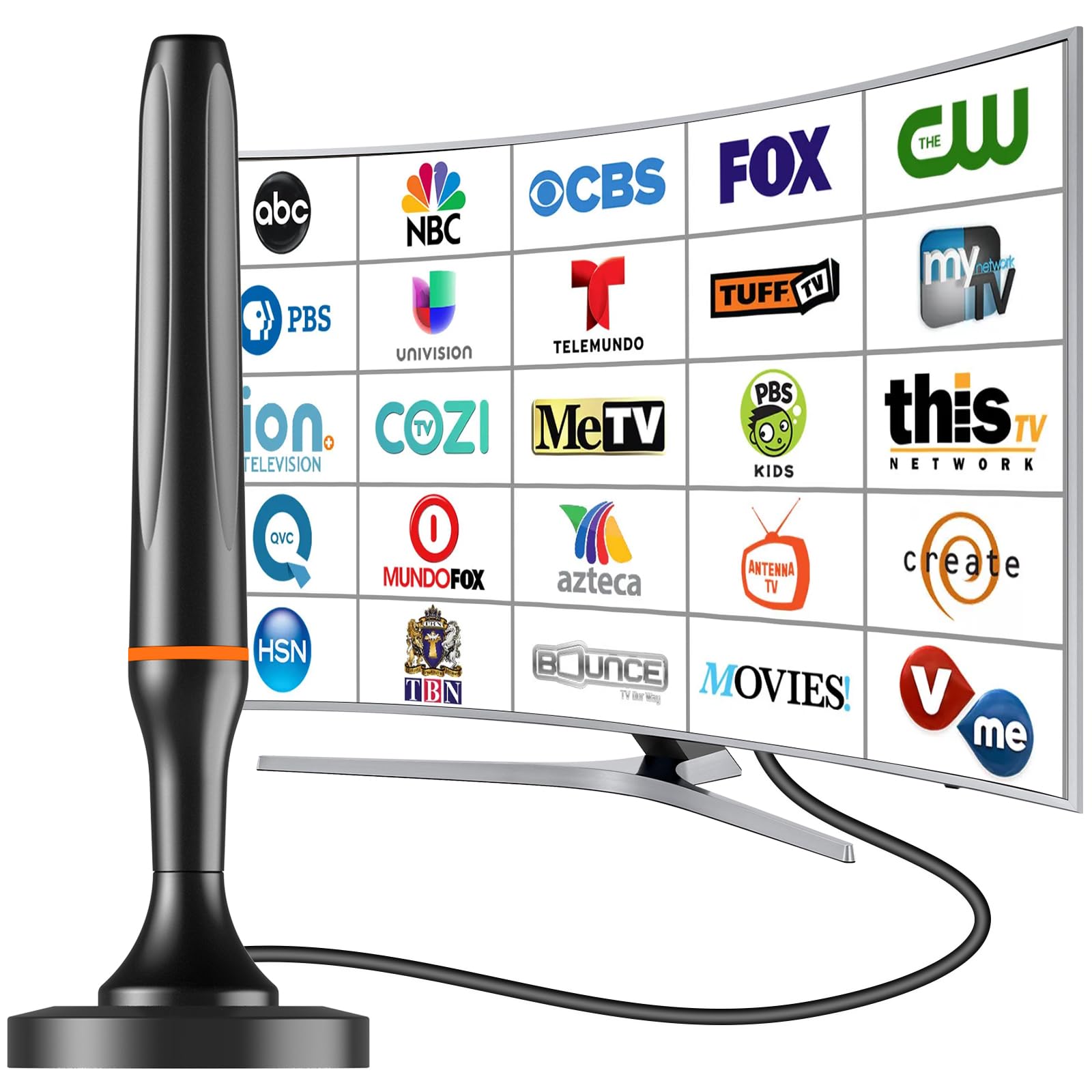 Digital TV Antenna for Smart Tv Indoor TV Antenna for Tv Without Cable with Strong Magnetic Base, 360° Reception HD Antenna for TV Indoor 4k -10FT Long Cables (Orange-Deep)