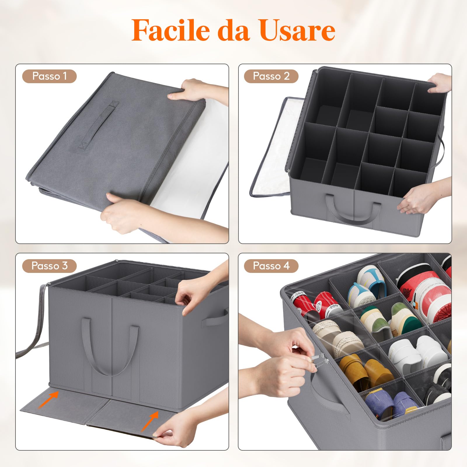Lifewit Organizer Scarpe Armadio Pieghevole, Scatole per Scarpe Salvaspazio con Coperchio per 12-16 Paia, Shoes Organizer con Supporto Inferiore e Manici Rinforzati, Grigio