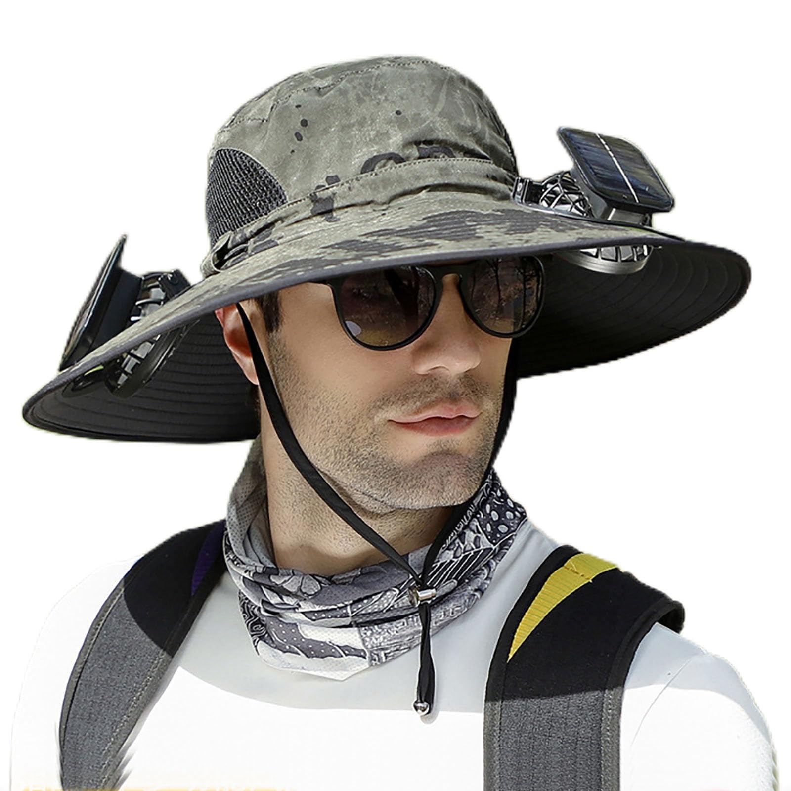 Wide Brim Solar Fan Outdoor Fishing Hat-Solar & Usb Charging,Sun Hat with Solar Fan,Men Sun Hat with 2 Solar Fan,Solar Fan Hat (Military Green Ink)