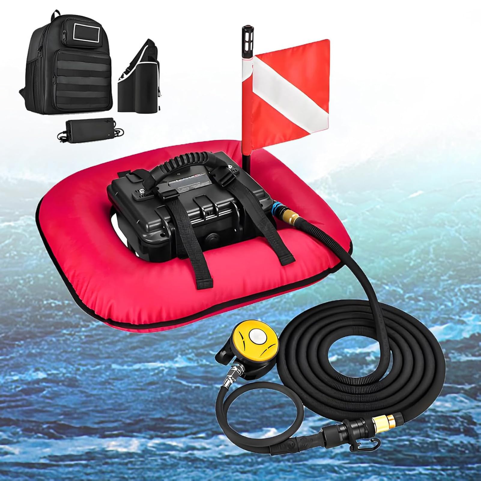 NzEupno Scuba Diving Ventilator, Waterproof Portable Rechargeable Dive System, Underwater Breathing Device with Telescopic Pipe & Diving Breathing Regulator Red-1Battery