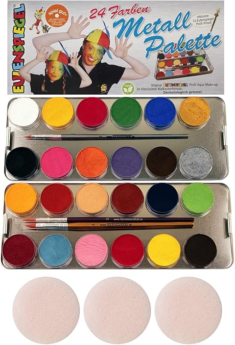 Eulenspiegel - Profi-Aqua Schminke Palette, 24 Farben | Metall-Palette mit wasserbasierten Schminkfarben, 3 Profi-Pinsel, für Karneval & Mottopartys