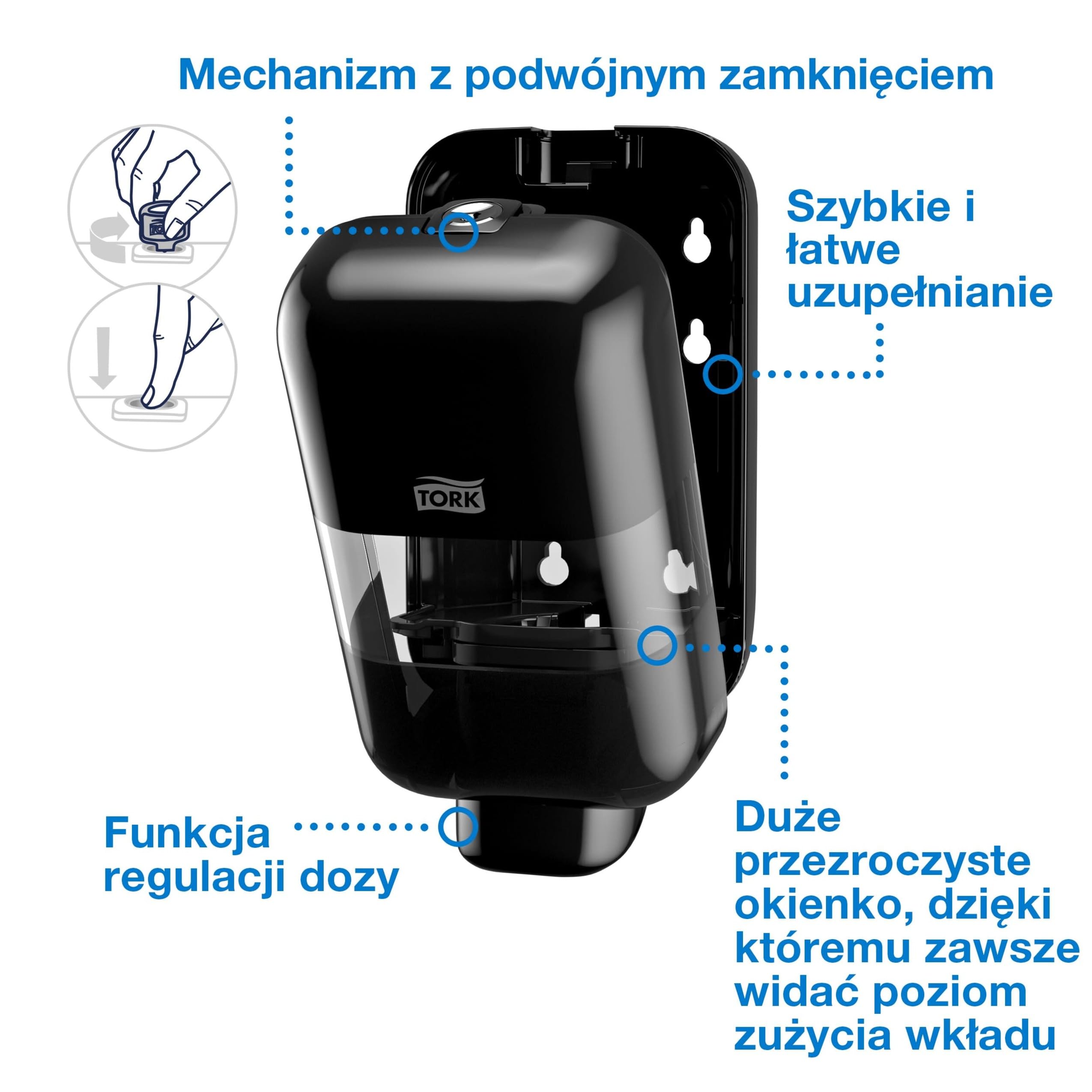 Tork mini dozownik do mydła i środków dezynfekujących czarny S5, wkłady w pianie, płynie, żelu i balsamie, linia Elevation, 565208, 6 sztuk