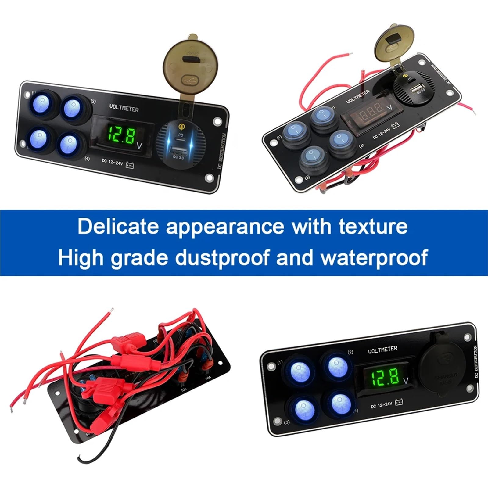 24V 12V Panel przełączników 4 przyciski przełącznik świateł samochodowych ładowarka USB 3.0 zasilacz akcesoria samochodowe do łodzi przyczepa kempingowa przyczepa ciężarowa(Green)