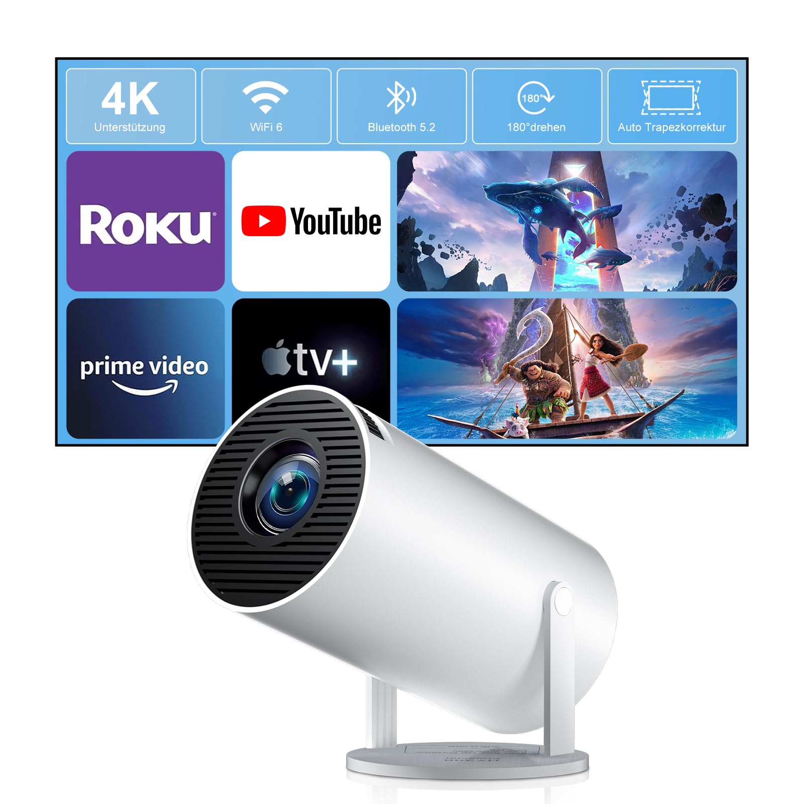WOLFANG WP03 Mini-projector Full HD 1080P met Android-app, draagbare projector met wifi en Bluetooth voor thuisbioscoop, automatische verticale correctie, 180 ° draaibare buitenfilmprojector voor