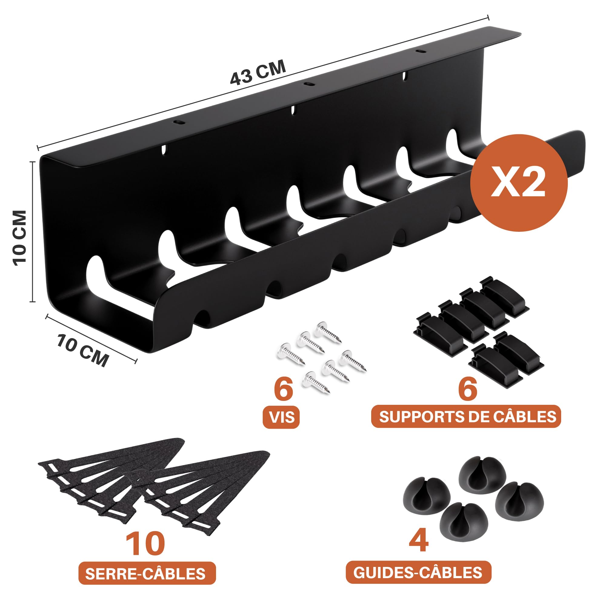 Chemin de Cable (Set de 2) en Acier Noir - Montage Rapide et Facile - Cable Management Solide et Pratique - Jusqu'à 5kg