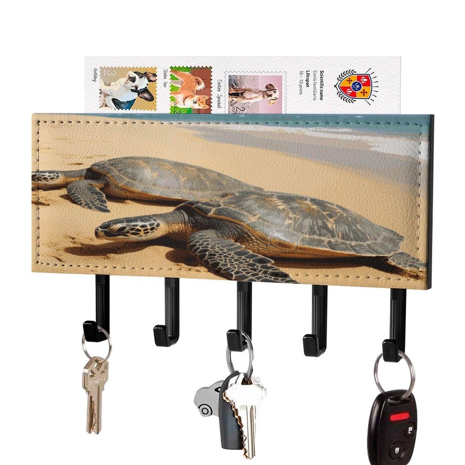 Fekiloot Black-Style Turtles On The Beach Key Holder Wall Mount Key And Mail Holder Key Hanger With 5 Hooks Decorative Pu Key Rack Hanging Key Hooks For Wall Living Room Kitchen Bathroom Hallway