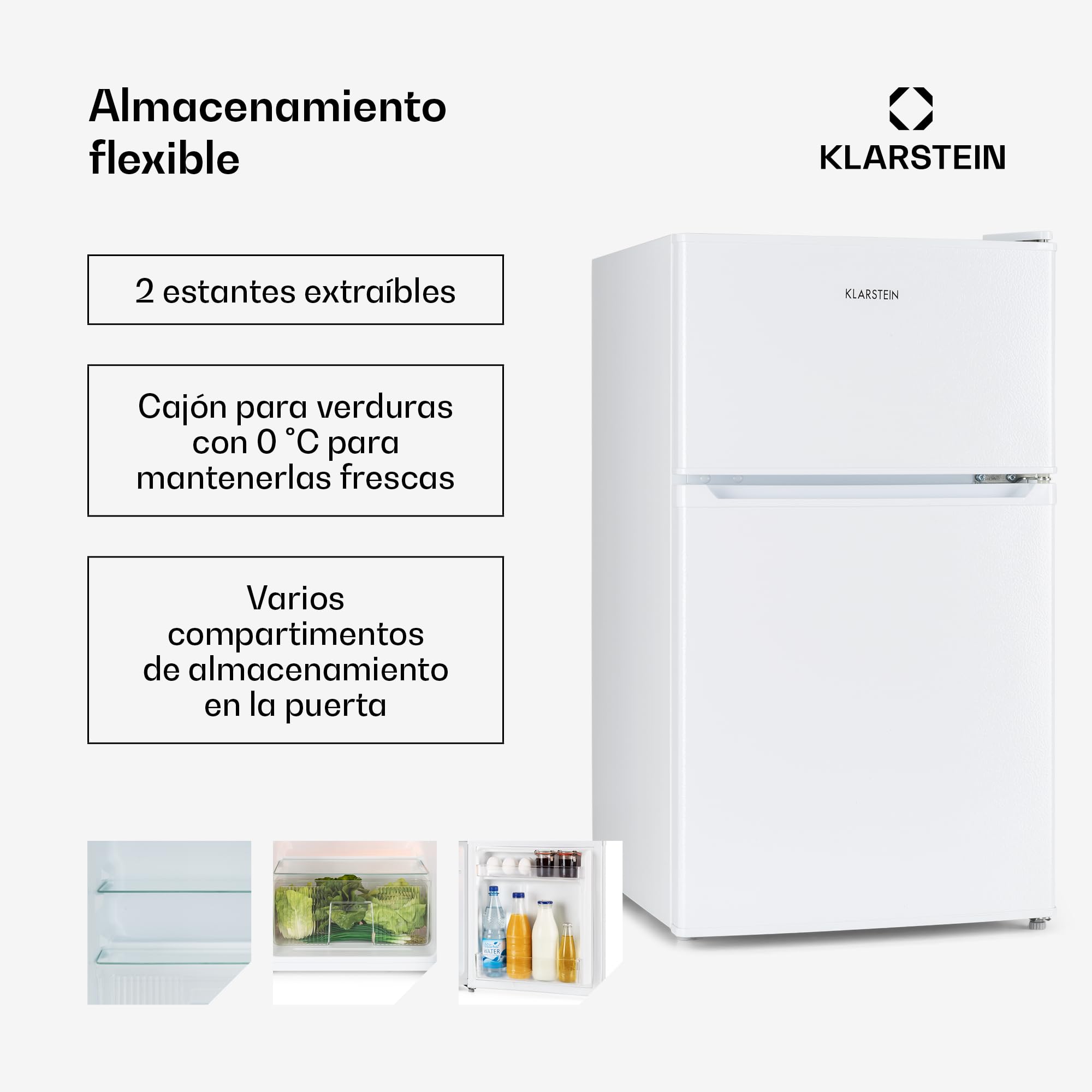 KLARSTEIN Big Daddy Cool – Combinación Nevera-Congelador, Neveras silenciosas de 87L de capacidad, Eficiencia energética clase E, Frigorífico de 61L, Congelador de 26L, Blanco
