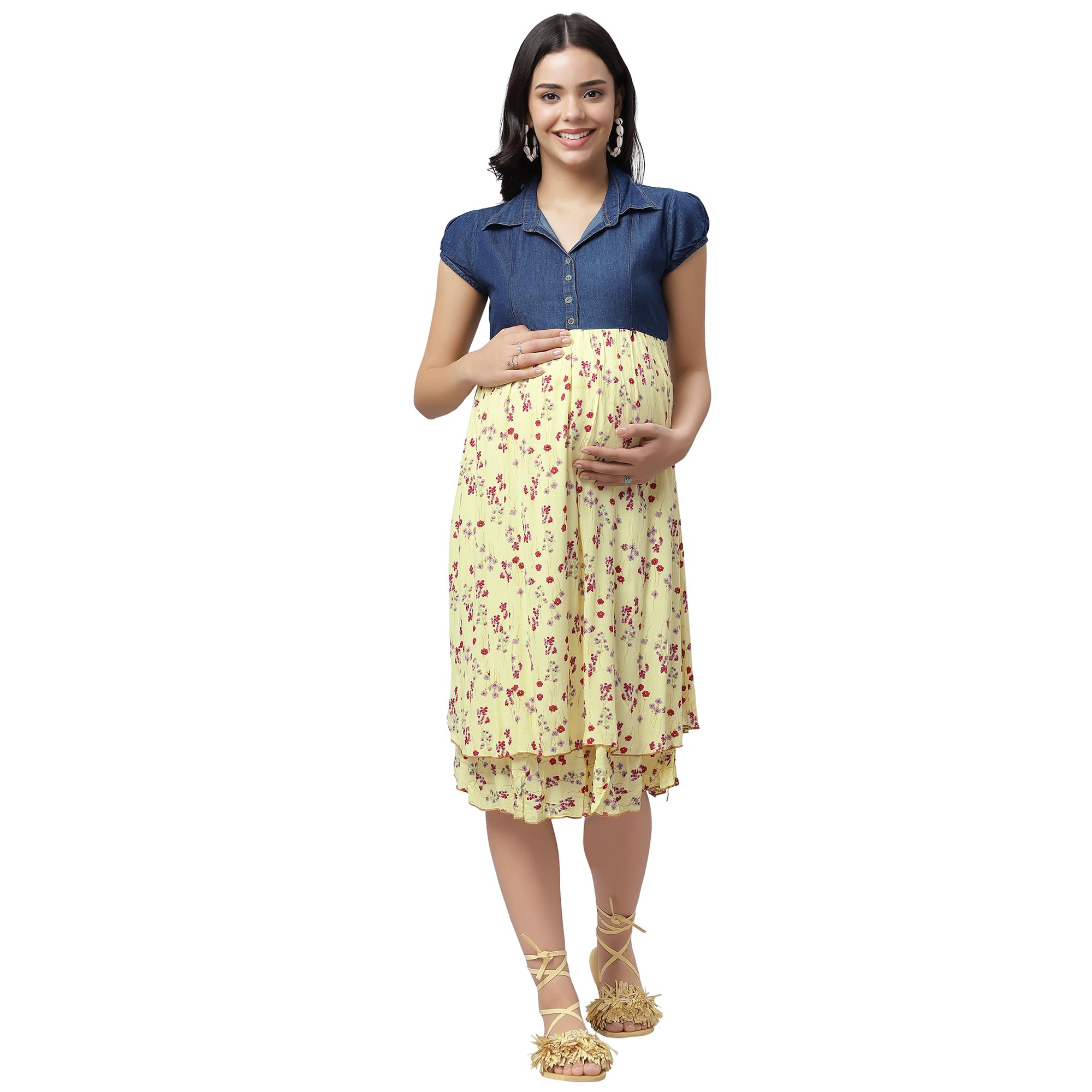 Women's Knee Length Maternity/Feeding/Nursing Dress(MAMBLGREYD1636-M_Blue Grey_Medium)-image-24