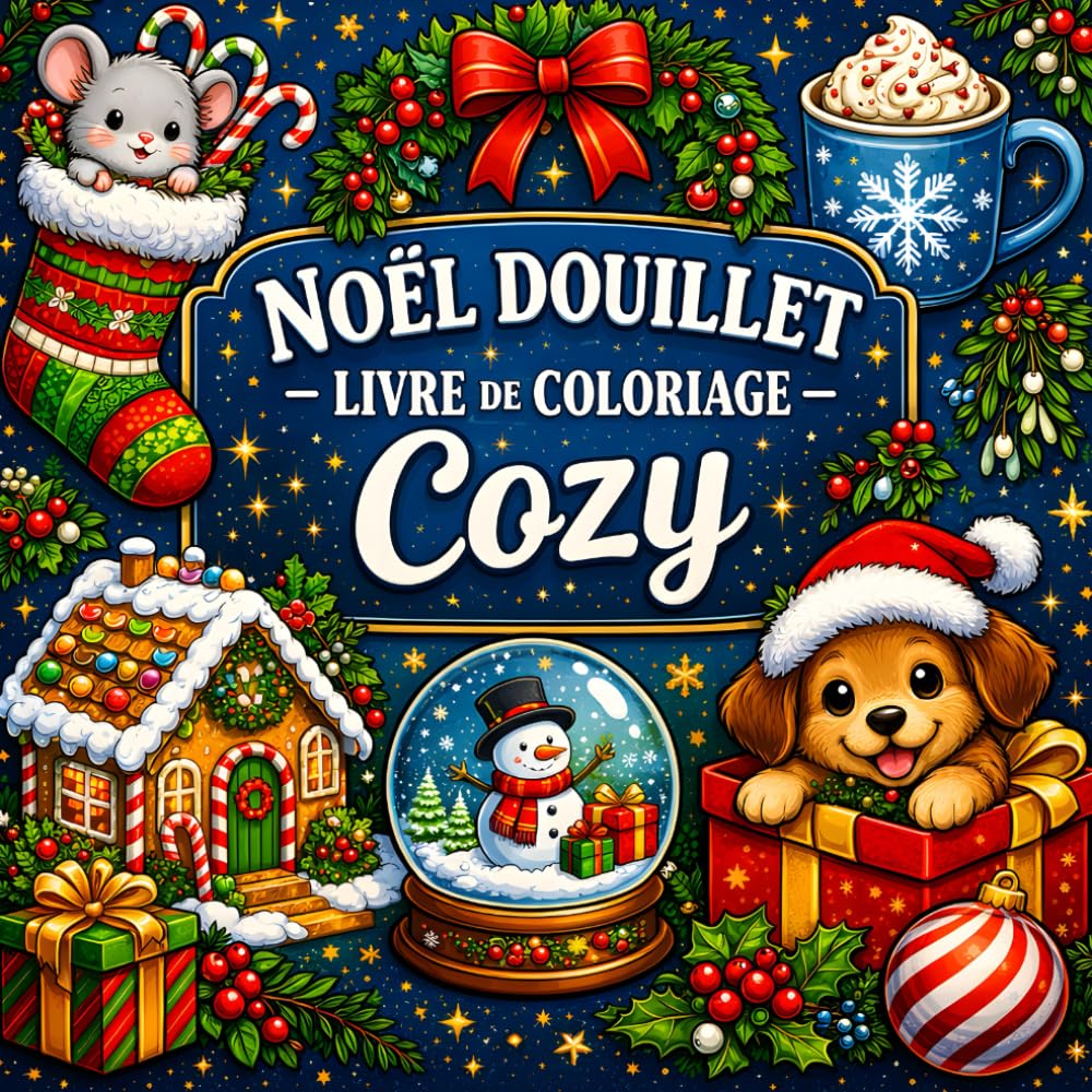 Noël Douillet – Livre de Coloriage Cozy: Illustrations simples et chaleureuses pour se détendre, réduire le stress et profiter de la magie de Noël – Adultes et enfants