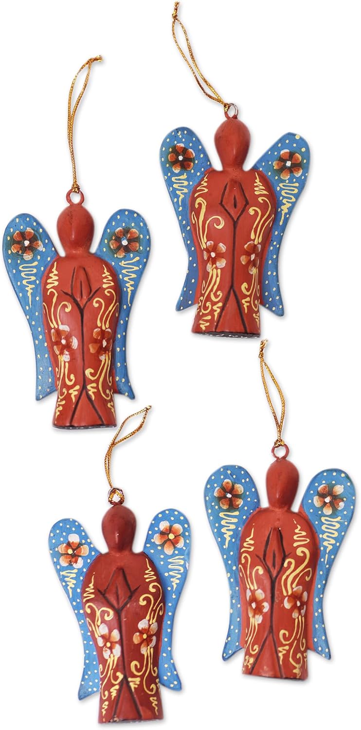 NOVICA Multicolor Red Wood Angel Decorative Hanging Ornament from Indonesia 'Festive Heaven'