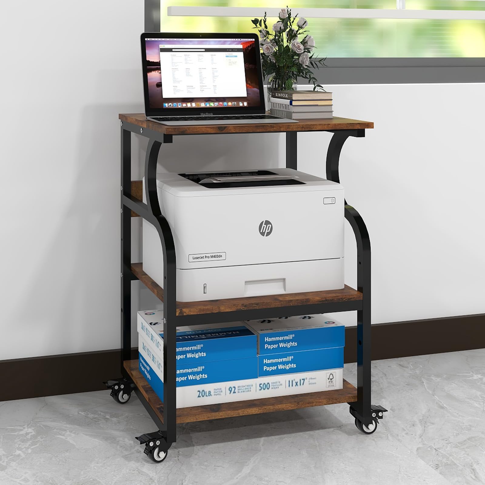 PUNCIA Mesa para Impresora 60 x 50 cm Ajustable en Altura Soporte para Impresión de 3 Niveles con Ruedas Móvil de Madera y Metal Carrito Estante de Almacenaje para Oficina Escuela Estudio Retro
