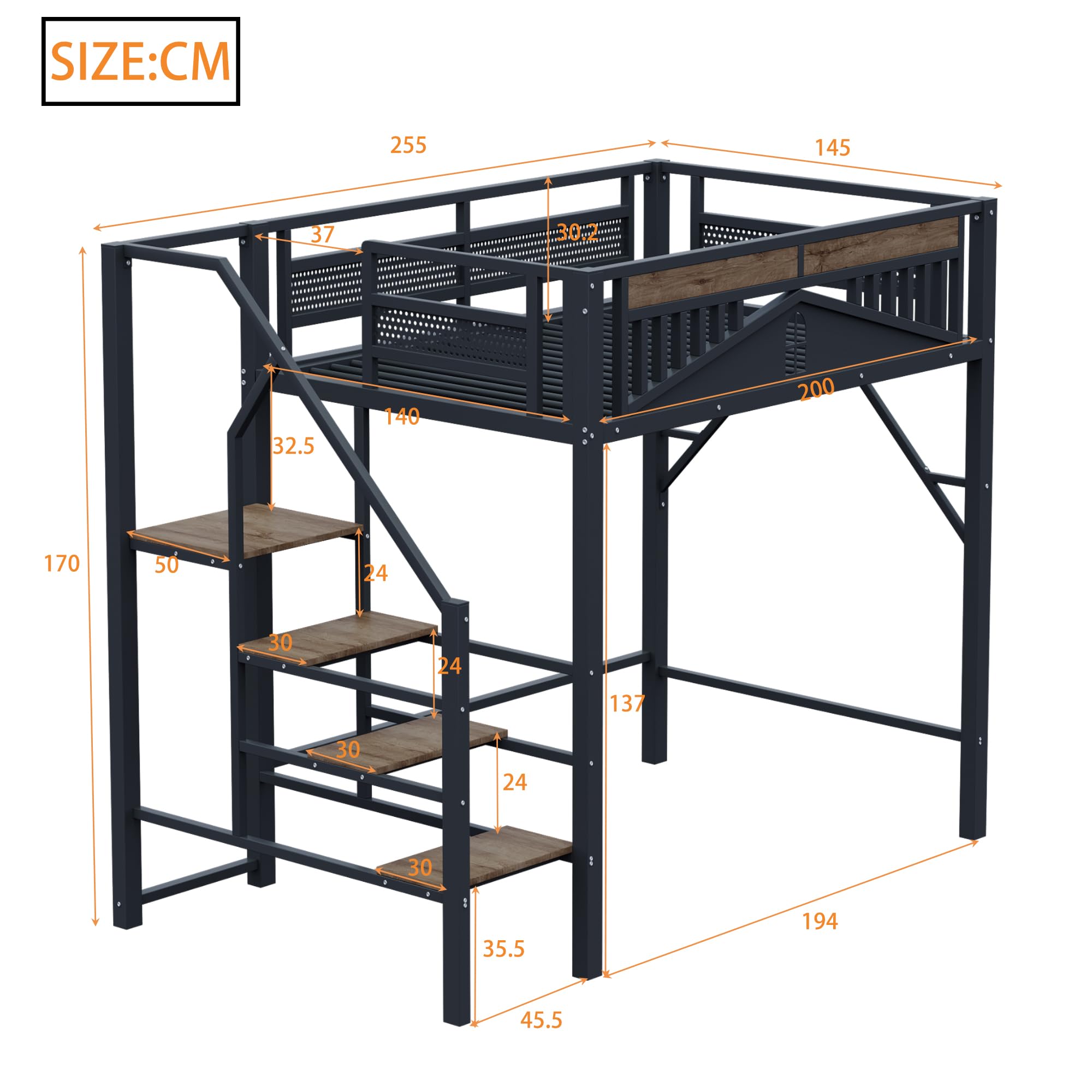 SACOOL Cama alta de metal de 140 x 200 cm, forma de carcasa única con diseño de ventana, con escalera de seguridad, mucho espacio debajo de la cama, color negro