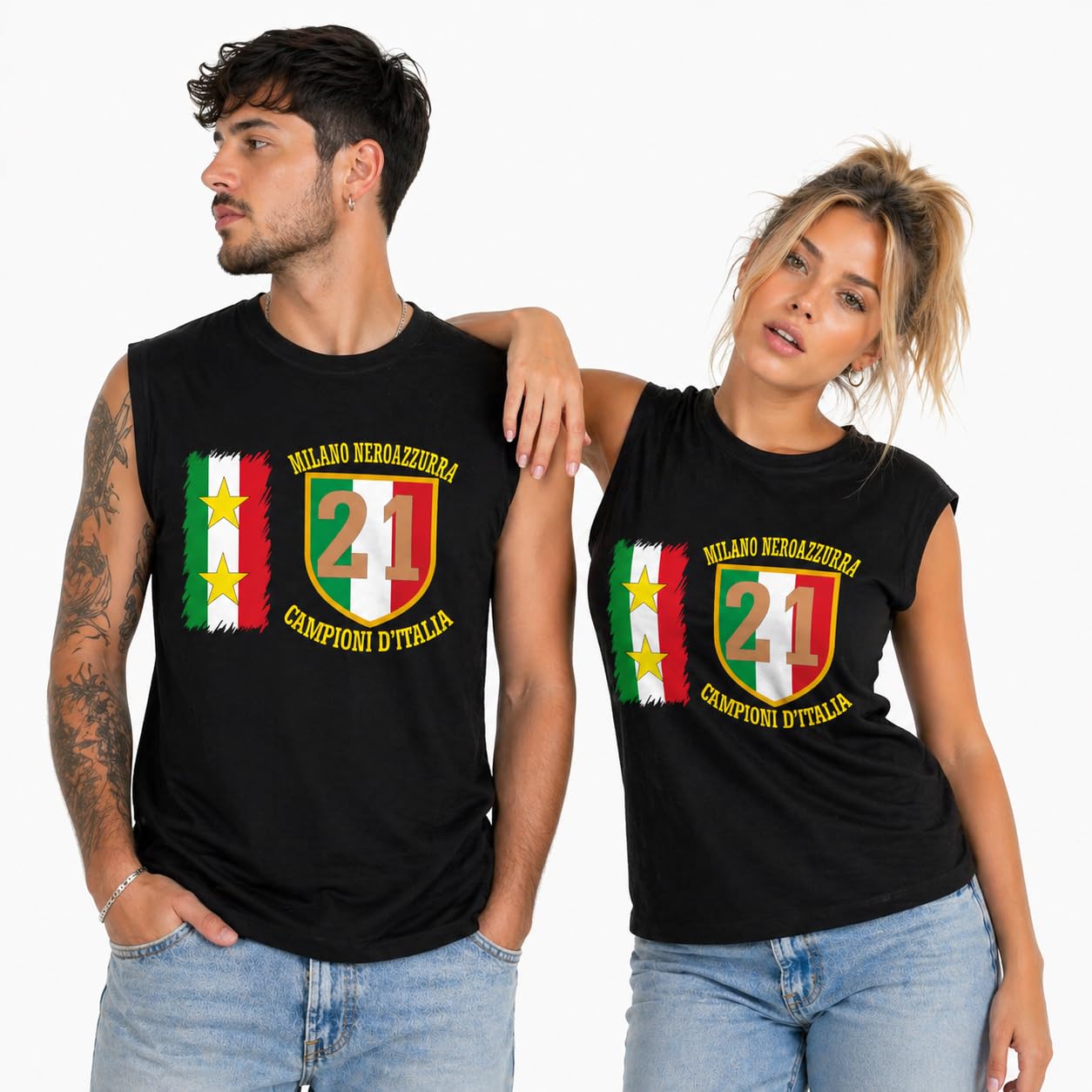 T-Shirt Smanicata Internazionale Campioni d'Italia 21 Scudetti Tifosi Nero Azzurri | Canotta Cotone Scudetto Nero Azzurro PS 29999-INT04