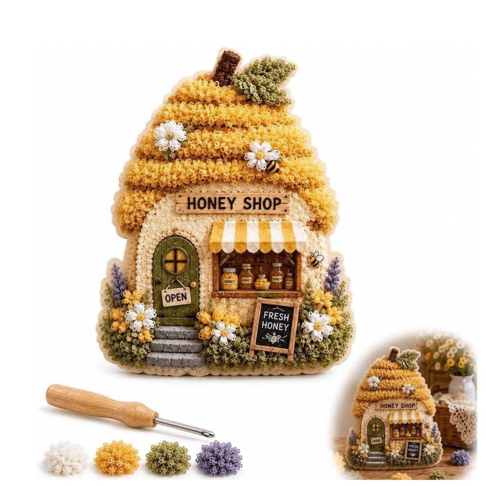 Whimsical Village 3D Fabric Poke Art Kit, Floral Mushroom Cottage (#F)