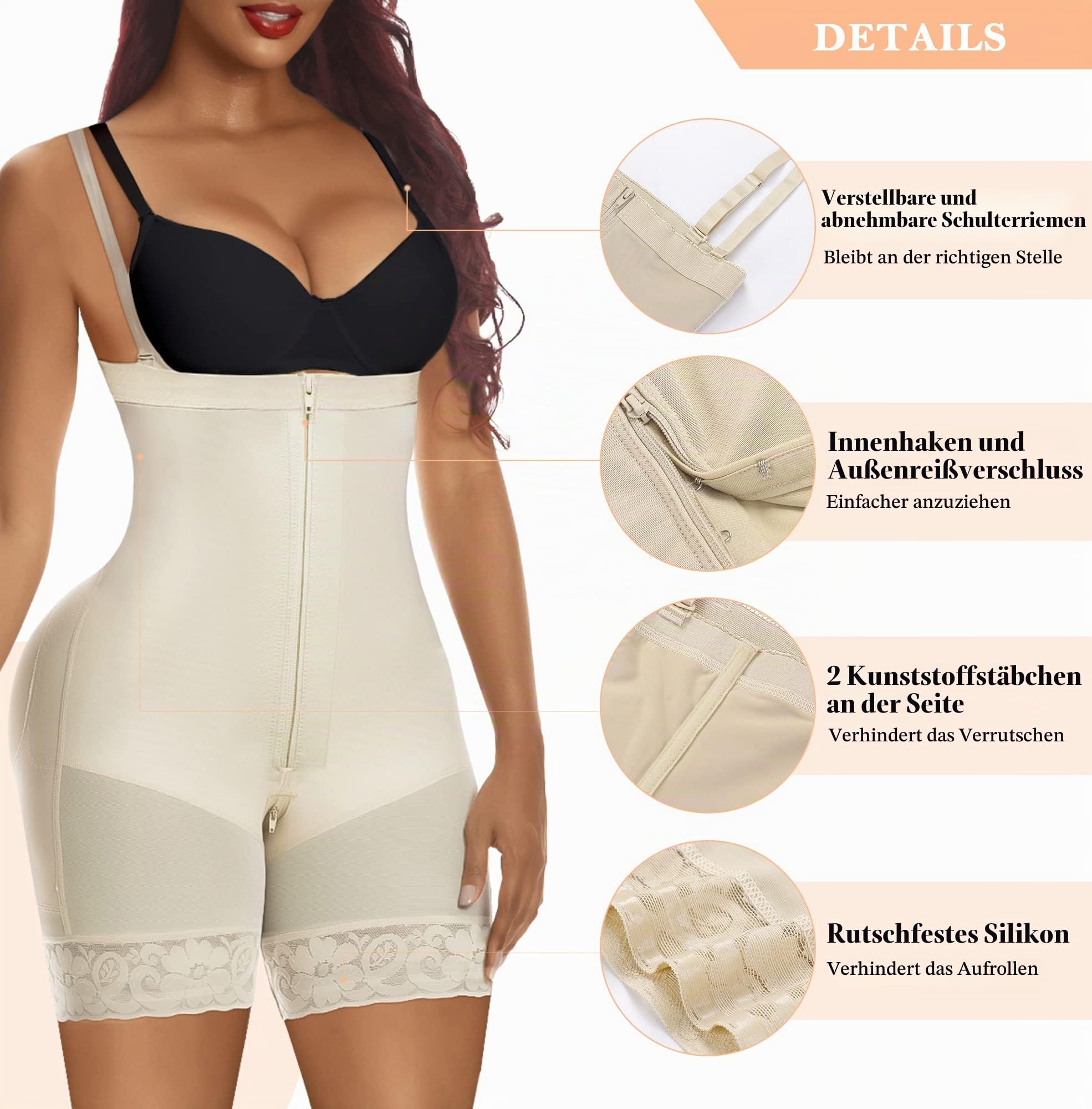 YIANNA Shapewear Damen Bauchweg Body Stark Formend Miederbody mit Bein Shaper Bodyformer Fajas Colombianas Mieder Bodyshape Zipper Beige XL 7257