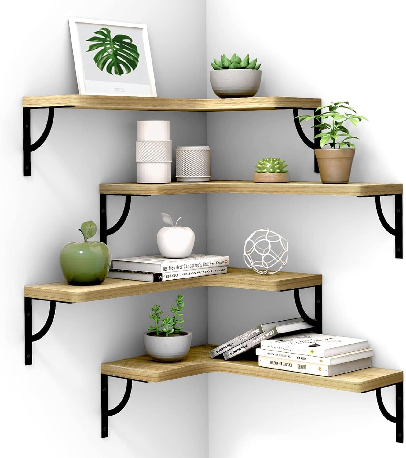 LUCKY-D Corner Floating Shelves Wall Mounted Set of 4, Wood Display Storage Wall Shelves for Living Room, Bedroom, Office, Bathroom Kitchen & Decoration (4, Bamboo)