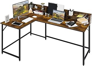 COSTWAY L-Shaped Computer Desk, Industrial Large Corner Desk Writing Study Table with Hutch, File Rack and Shelves, 166cm Metal Frame Wooden PC Laptop Gaming Workstation for Home Office (Rustic Brown)