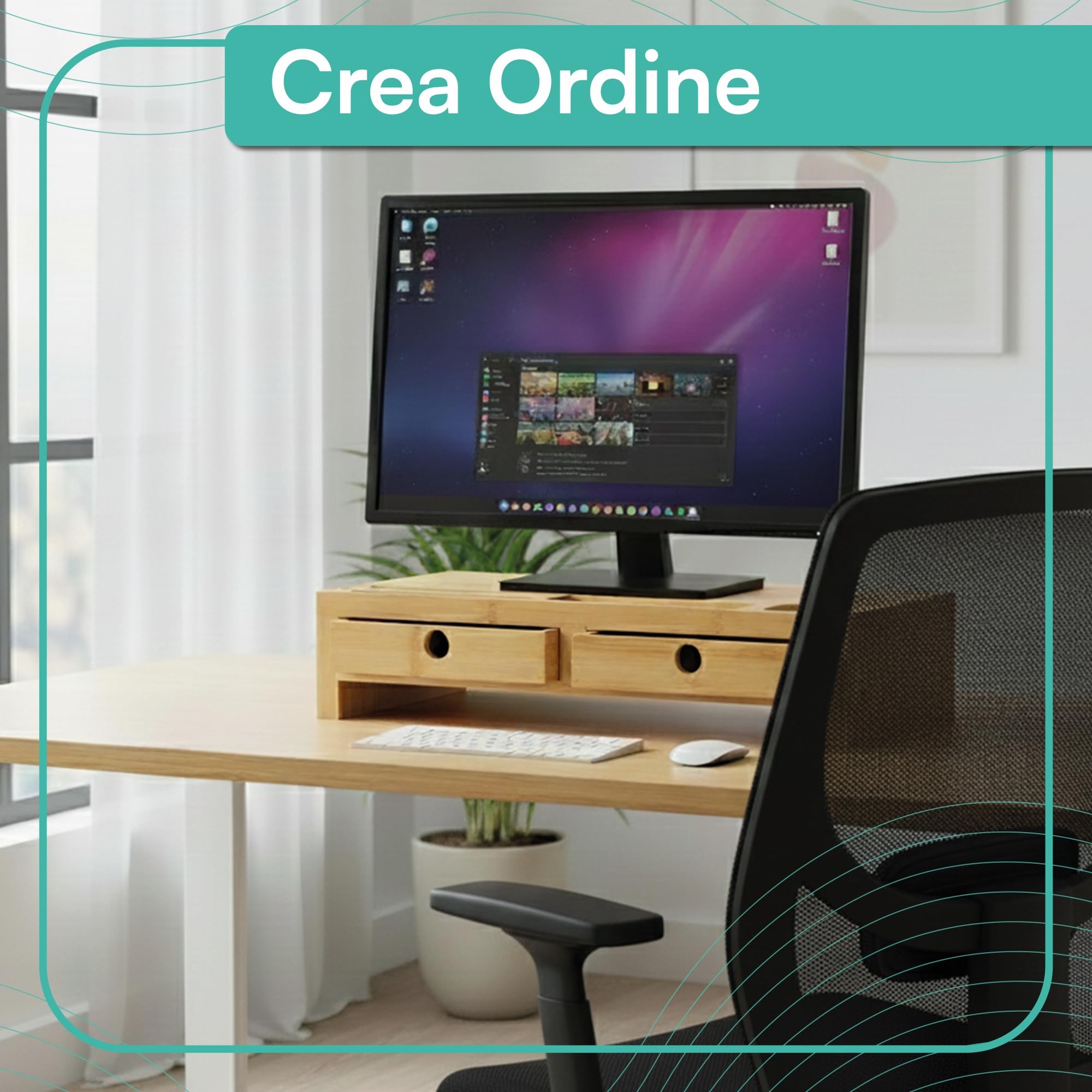 pixly® Supporto per Monitor con Cassetti 42x24x10,5 cm Sollevamento Ergonomico in Legno con Spazio di Archiviazione Organizer da Scrivania in Bambù Sostenibile per Monitor e Computer
