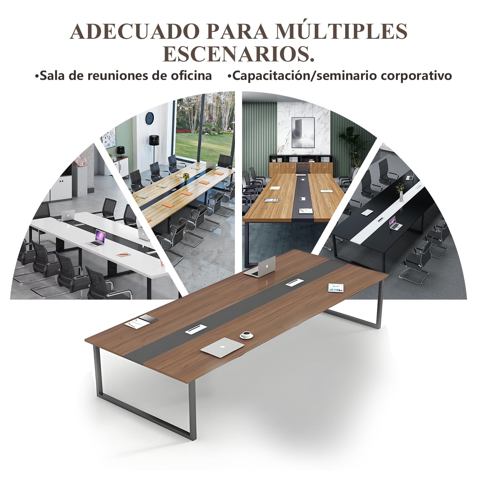 Mesa de Conferencias Grande – Mesa de Reuniones Moderna para Oficina con Pasacables,Estructura Metálica Robusta,Diseño Rectangular Negro-Blanco para 8–12 Personas (sin sillas)