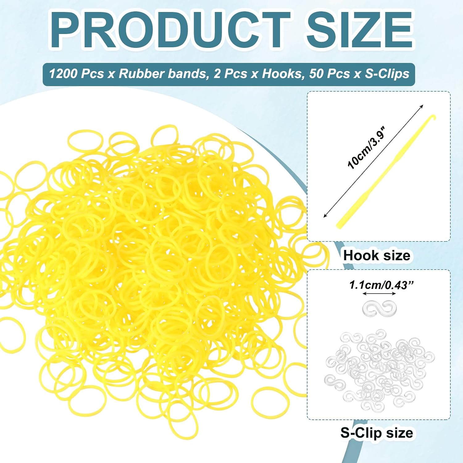 MECCANIXITY 1200 Pcs Loom Rubber Bands Kit w/ 50 Pcs S-Clips 2-Hooks,Yellow image 2