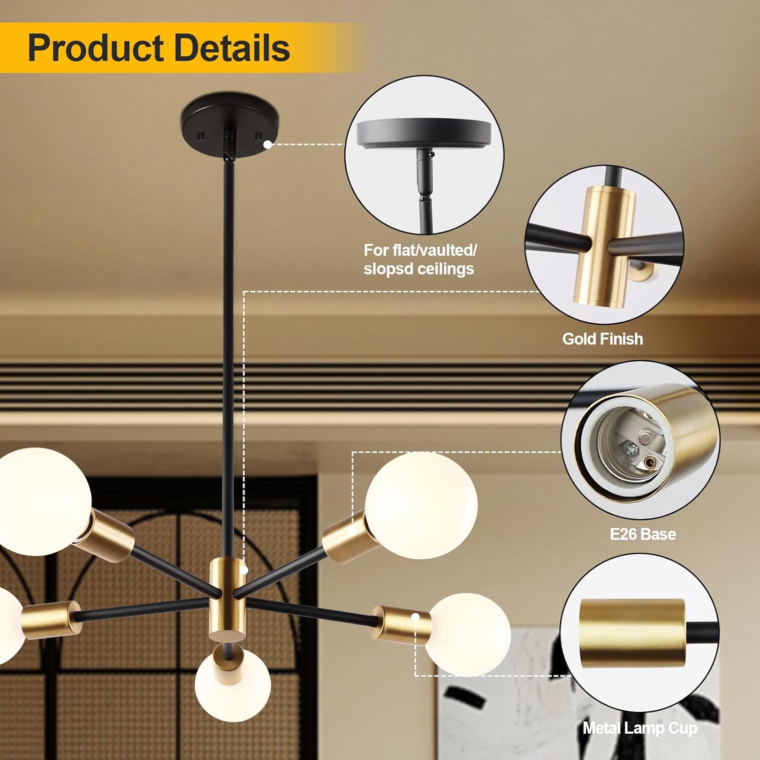 Kalium 5 Light Sputnik Chandeliers for Dining Room, 42 Inch Modern Light Fixture Over Table, Height Adjustable Farmhouse Chandelier for Bedroom, Living Room, E26 Socket (Bulb Not Included)