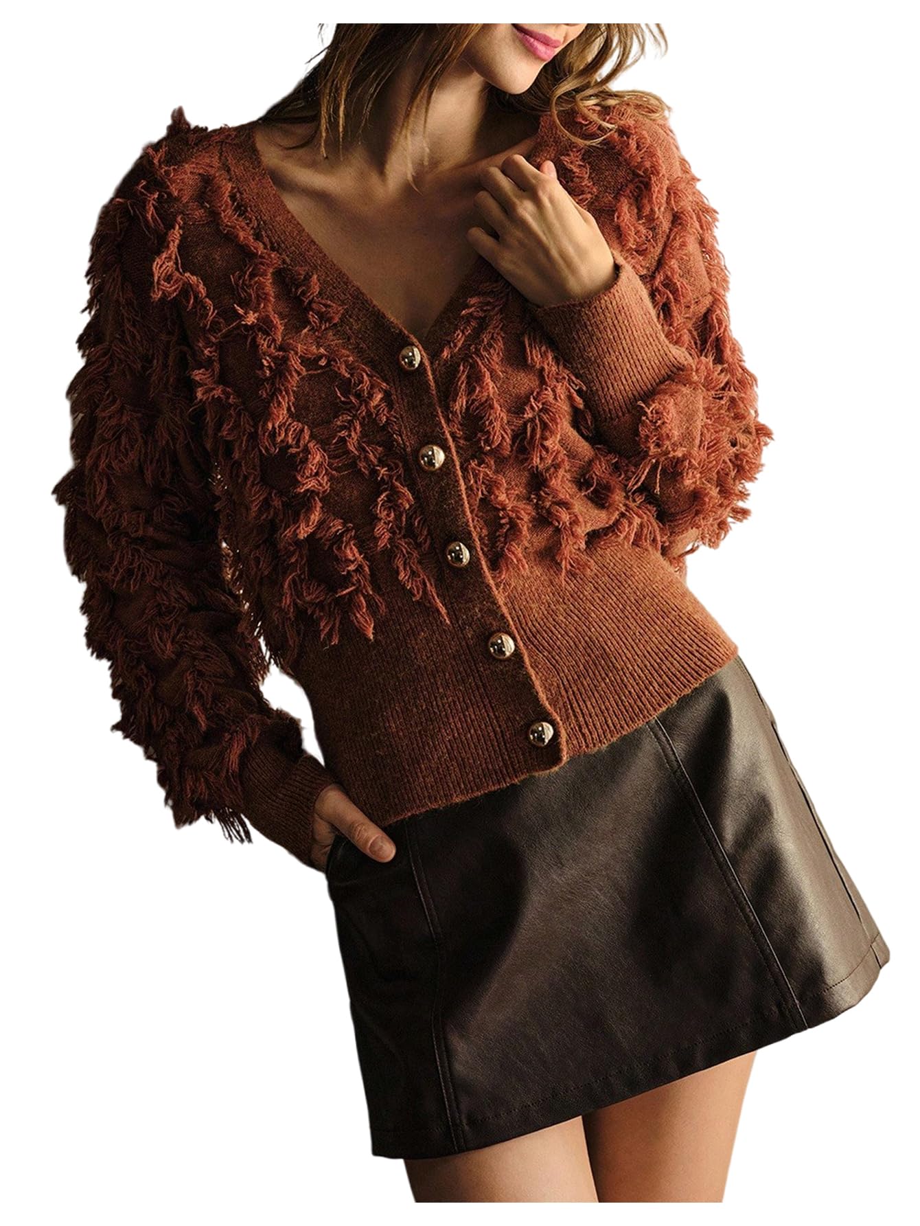 SweatyRocks Womens Fuzzy Cardigan Sweater V Neck Long Sleeve Button Down Furry Knit Sweaters